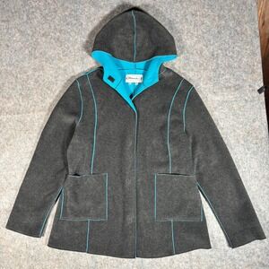 VTG Mandee Fleece Sherpa Hooded Jacket Shacket Snuggle XL Y2K Gray Teal Trim